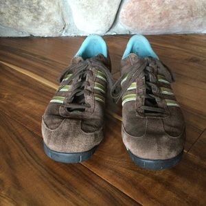 adidas Brown Suede Sneakers with Light Blue Lining and Yellow Accent Stripes